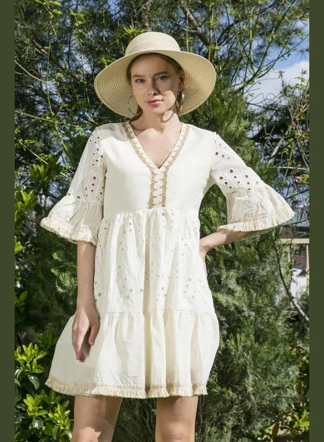 Lela Lela Cotton Flounce Guipure Detailed Scalloped Mini Dress Women's DRESS 6531617