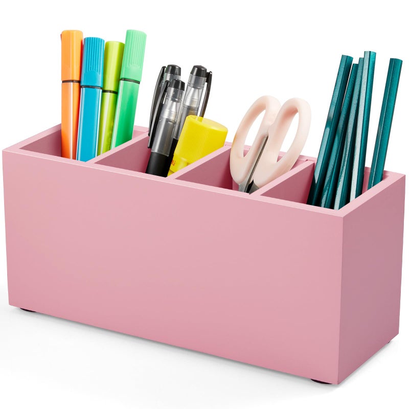 Bivvclaz Pencil Pen Holder For Desk  Wooden Office Desk Organizers And Accessories With 4 Slots For Countertop  Makeup Brush Holder Organizer For Bathroom Vanity  Silverware Caddy For Party  Pink - Image 1