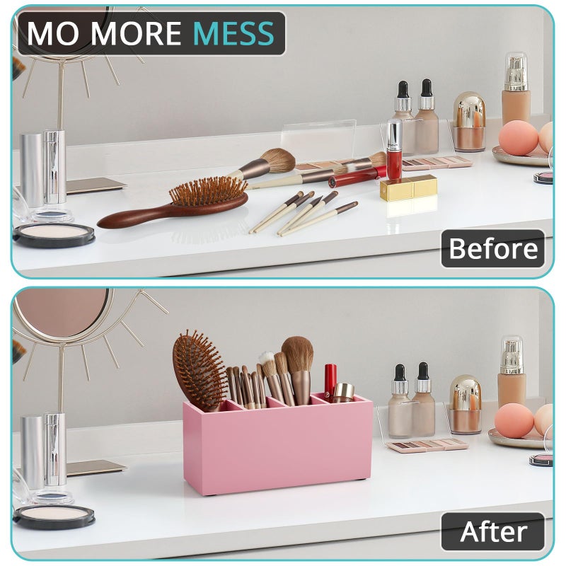 Bivvclaz Pencil Pen Holder For Desk  Wooden Office Desk Organizers And Accessories With 4 Slots For Countertop  Makeup Brush Holder Organizer For Bathroom Vanity  Silverware Caddy For Party  Pink - Image 3