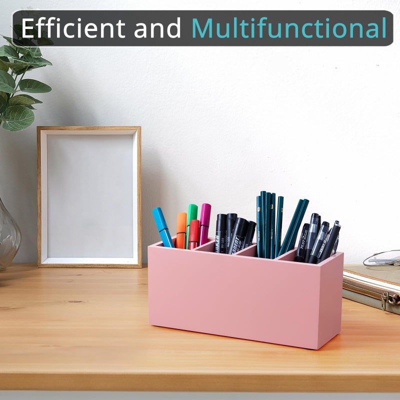 Bivvclaz Pencil Pen Holder For Desk  Wooden Office Desk Organizers And Accessories With 4 Slots For Countertop  Makeup Brush Holder Organizer For Bathroom Vanity  Silverware Caddy For Party  Pink - Image 2