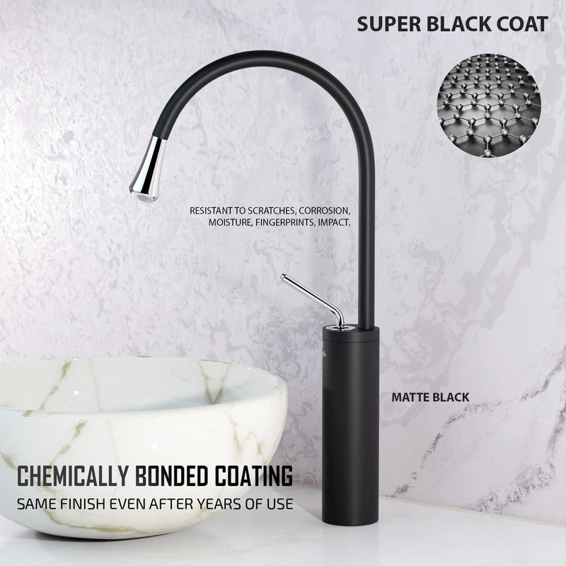 Pixaflo Raindrop Brass Extended Tall Body Hot Cold Single Lever Joystick Basin Mixer 17 Tap with 360Degree Swivel Spout and 18 inches Long Braided Hoses Black - Image 2