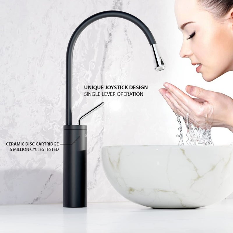 Pixaflo Raindrop Brass Extended Tall Body Hot Cold Single Lever Joystick Basin Mixer 17 Tap with 360Degree Swivel Spout and 18 inches Long Braided Hoses Black - Image 3