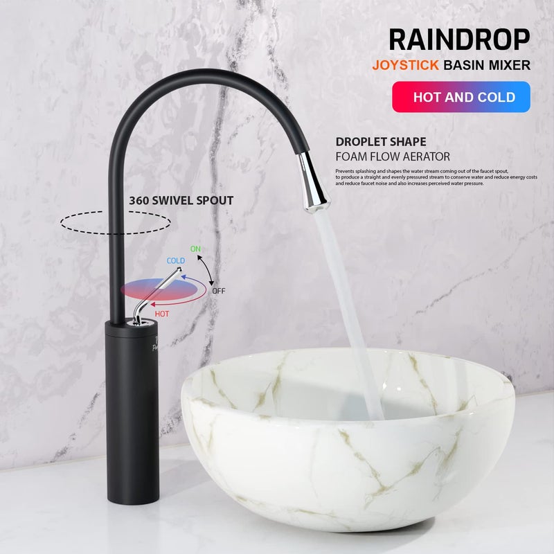 Pixaflo Raindrop Brass Extended Tall Body Hot Cold Single Lever Joystick Basin Mixer 17 Tap with 360Degree Swivel Spout and 18 inches Long Braided Hoses Black - Image 4