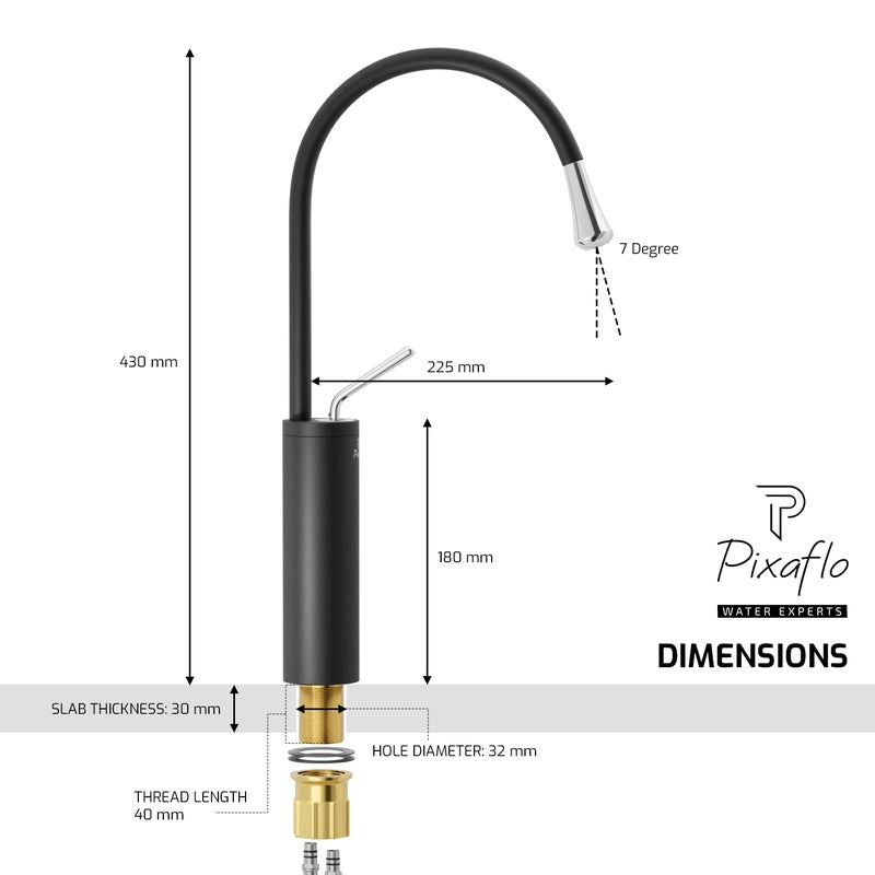 Pixaflo Raindrop Brass Extended Tall Body Hot Cold Single Lever Joystick Basin Mixer 17 Tap with 360Degree Swivel Spout and 18 inches Long Braided Hoses Black - Image 5