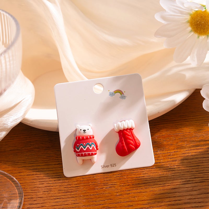 Silver 2023 Autumn and Winter Christmas Series Earrings Childlike Sweet Cartoon Character Baking Paint Earrings Christmas Knot Earrings E3657-2