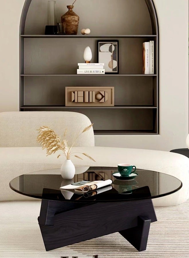 سي آند سي هوم 1-قطعة جولة طاولة القهوة الزجاج الأعلى غير النظامية الخشب قاعدة هندسية أريكة الجانب نهاية الجدول لغرفة المعيشة مكتب غرفة نوم 80x80x31 سم - Image 1