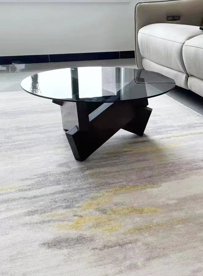 سي آند سي هوم 1-قطعة جولة طاولة القهوة الزجاج الأعلى غير النظامية الخشب قاعدة هندسية أريكة الجانب نهاية الجدول لغرفة المعيشة مكتب غرفة نوم 80x80x31 سم - Image 2