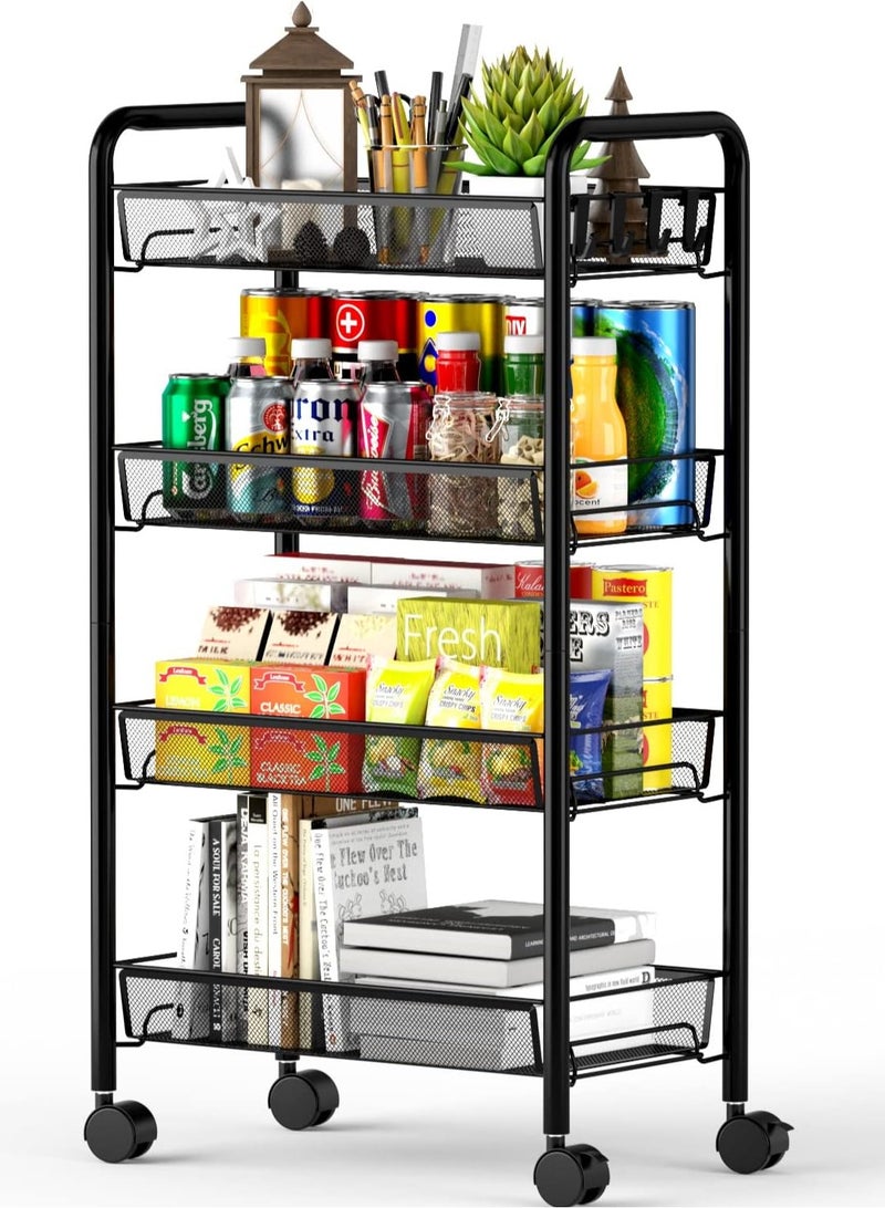 جورونب عربة دوارة سلكية شبكية بأربع طبقات، عربة تنظيم أدوات المطبخ، عربة تخزين فنية معدنية بالكامل مع عجلات وأربعة خطافات جانبية، لون أسود - Image 1