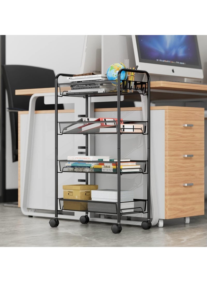 جورونب عربة دوارة سلكية شبكية بأربع طبقات، عربة تنظيم أدوات المطبخ، عربة تخزين فنية معدنية بالكامل مع عجلات وأربعة خطافات جانبية، لون أسود - Image 2