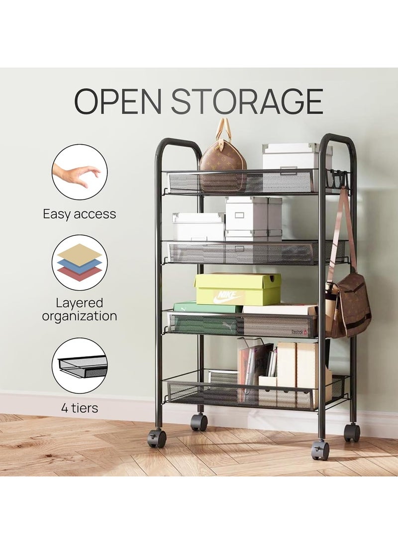 جورونب عربة دوارة سلكية شبكية بأربع طبقات، عربة تنظيم أدوات المطبخ، عربة تخزين فنية معدنية بالكامل مع عجلات وأربعة خطافات جانبية، لون أسود - Image 5