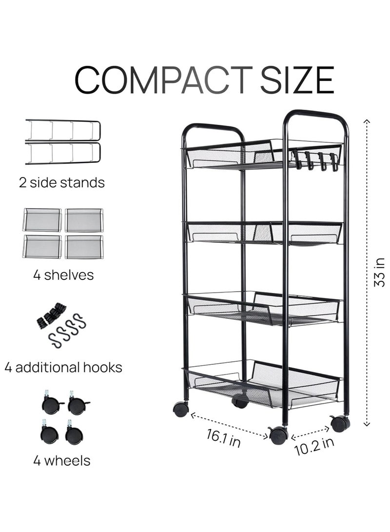 جورونب عربة دوارة سلكية شبكية بأربع طبقات، عربة تنظيم أدوات المطبخ، عربة تخزين فنية معدنية بالكامل مع عجلات وأربعة خطافات جانبية، لون أسود - Image 3