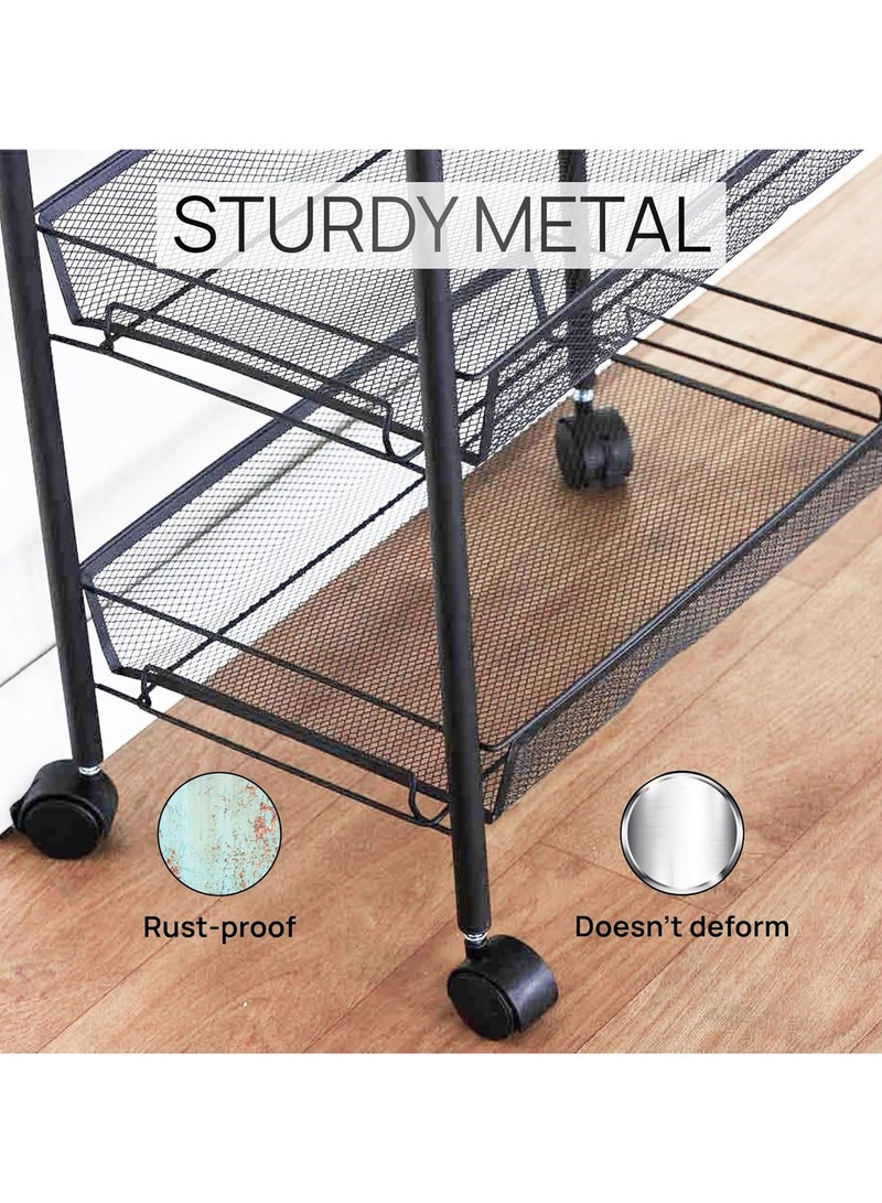 جورونب عربة دوارة سلكية شبكية بأربع طبقات، عربة تنظيم أدوات المطبخ، عربة تخزين فنية معدنية بالكامل مع عجلات وأربعة خطافات جانبية، لون أسود - Image 4