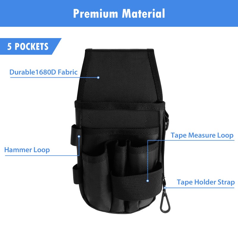 KENOBE 5-Pockets Tool Pouch, Black Tool Pouch Organization, Heavy-Duty Electrician Tool Pouches for Electrician, Carpenter, Construction, Technician, Side Belt Pouch, Small Electrician Holster - Image 3