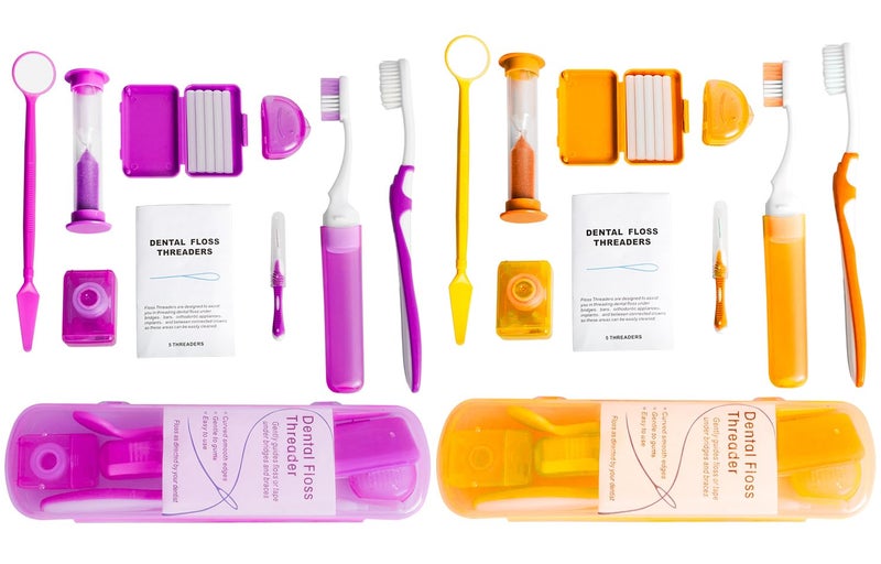 Wenge Portable Orthodontic Oral Care Kit 2Pack Travel Kit for Patients Interdental Brushing Wax Floss Toothbrush CleaningPurple Orange
