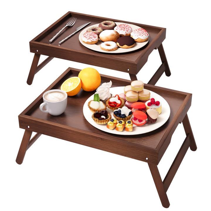 Fibogollo 2 Pack Bamboo Bed Tray Table with Folding Legs,Breakfast Trays,Serving Tray for Food and Snack,Laptop Trays for Working(Brown) - Image 1