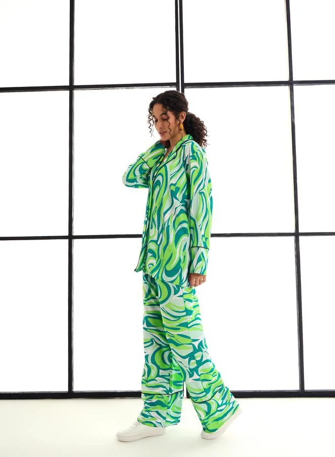 ساسافراس Abstract Print Shirt & Straight Leg Pants Co-Ords by Styli
