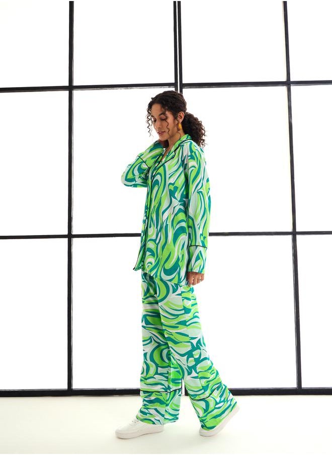 SASSAFRAS - Abstract Print Shirt & Straight Leg Pants Co-Ords by Styli - Image 1