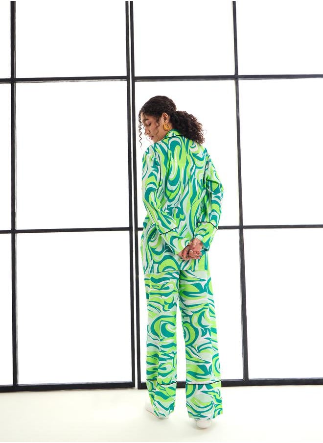 SASSAFRAS - Abstract Print Shirt & Straight Leg Pants Co-Ords by Styli - Image 1
