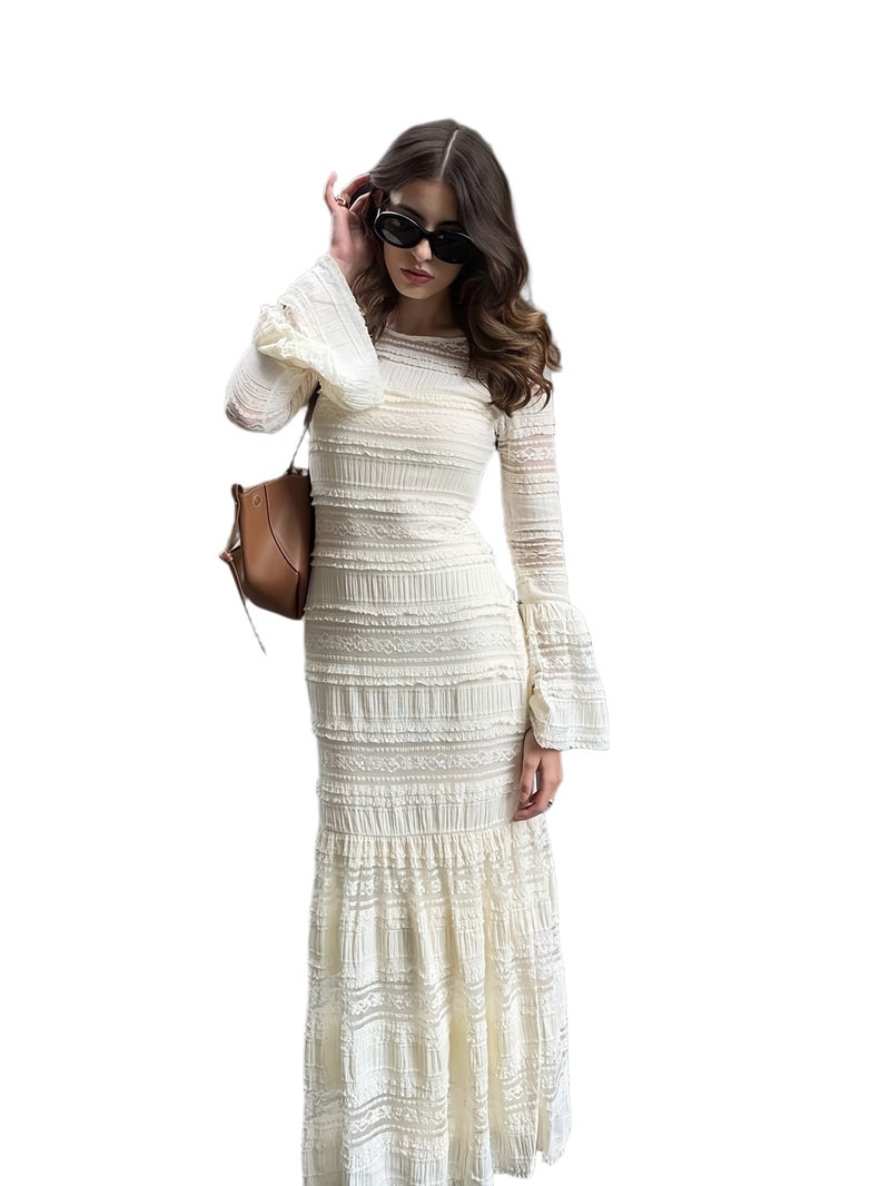 Elegant And Stylish Vintage Court Lace Long Dress with Bell Sleeves And Ruffled Hem, New for Autumn - Image 1