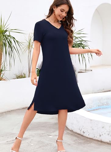 VOBCTY Summer Navy Tshirt Dress for Women Casual V Neck Short Sleeve Side Split Dresses Navy Large - Image 4
