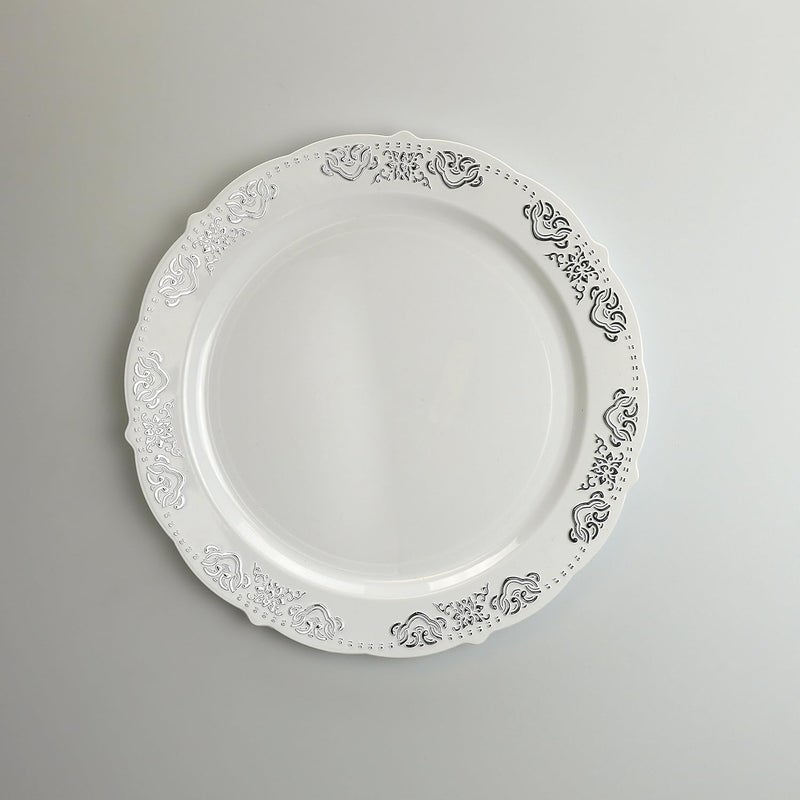OCCASIONS FINEST PLASTIC TABLEWARE " OCCASIONS " 50 Plates Pack (25 Guests)-Vintage Wedding Party Disposable Plastic Plate Set -25 x 10.25'' Dinner + 25 x 7.5'' Salad/Dessert plates (Portofino White & Silver) - Image 5