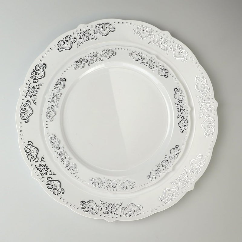 OCCASIONS FINEST PLASTIC TABLEWARE " OCCASIONS " 50 Plates Pack (25 Guests)-Vintage Wedding Party Disposable Plastic Plate Set -25 x 10.25'' Dinner + 25 x 7.5'' Salad/Dessert plates (Portofino White & Silver) - Image 4