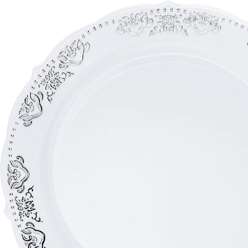 OCCASIONS FINEST PLASTIC TABLEWARE " OCCASIONS " 50 Plates Pack (25 Guests)-Vintage Wedding Party Disposable Plastic Plate Set -25 x 10.25'' Dinner + 25 x 7.5'' Salad/Dessert plates (Portofino White & Silver) - Image 3