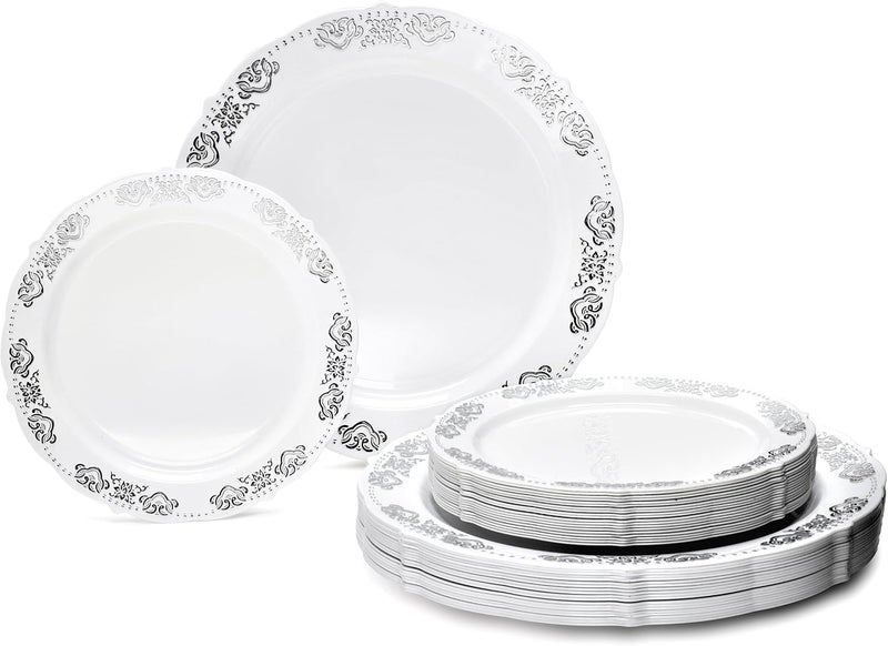 OCCASIONS FINEST PLASTIC TABLEWARE " OCCASIONS " 50 Plates Pack (25 Guests)-Vintage Wedding Party Disposable Plastic Plate Set -25 x 10.25'' Dinner + 25 x 7.5'' Salad/Dessert plates (Portofino White & Silver) - Image 2