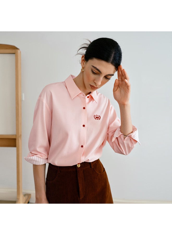 Olrain Casual Commuter Design Long Sleeve Embroidered Shirt Women Autumn New Pink L