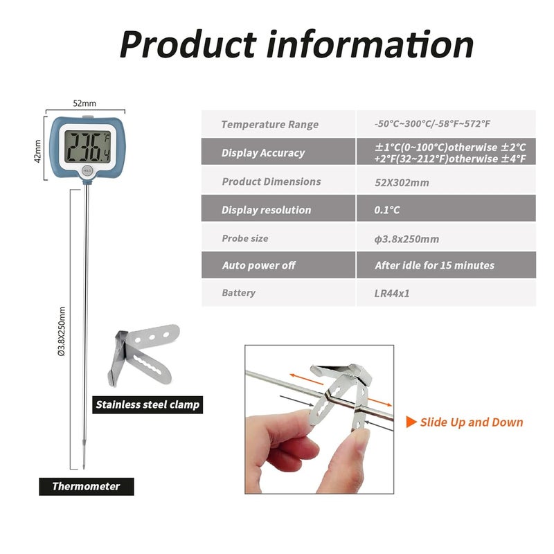 KT THERMO Digital Candy Thermometer, LCD Instant Read Food Thermometer with 10" Probe and Pot Clip for Candy Making, Kitchen Accessories, Baking Tools（Blue） - Image 5