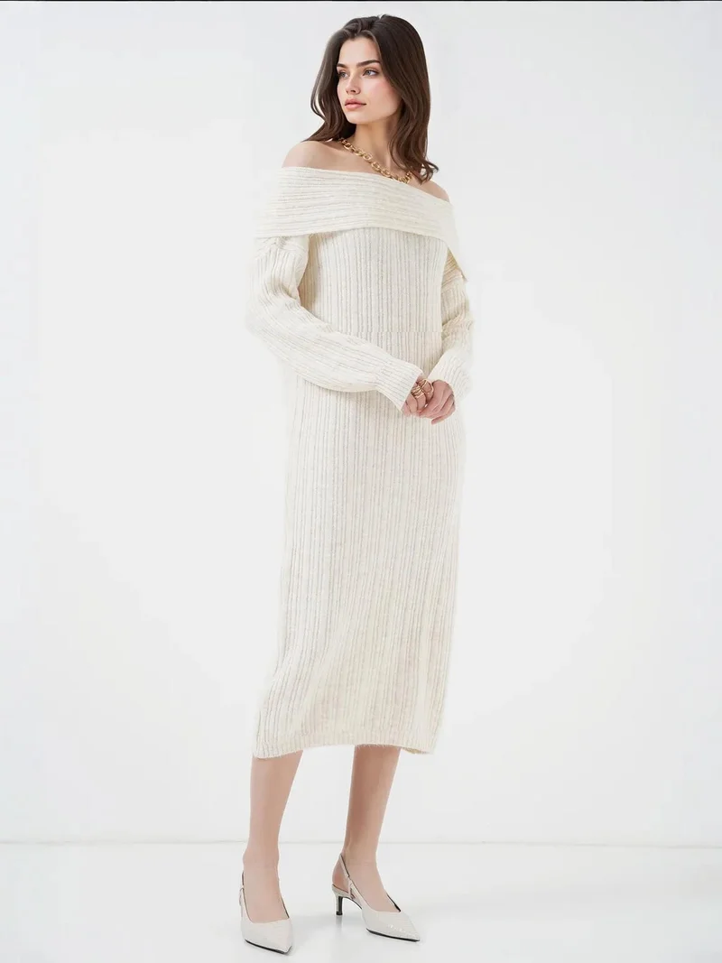 بيغ دارت BDART Oversized Ribbed Knit Midi Dress with Madonna Collar