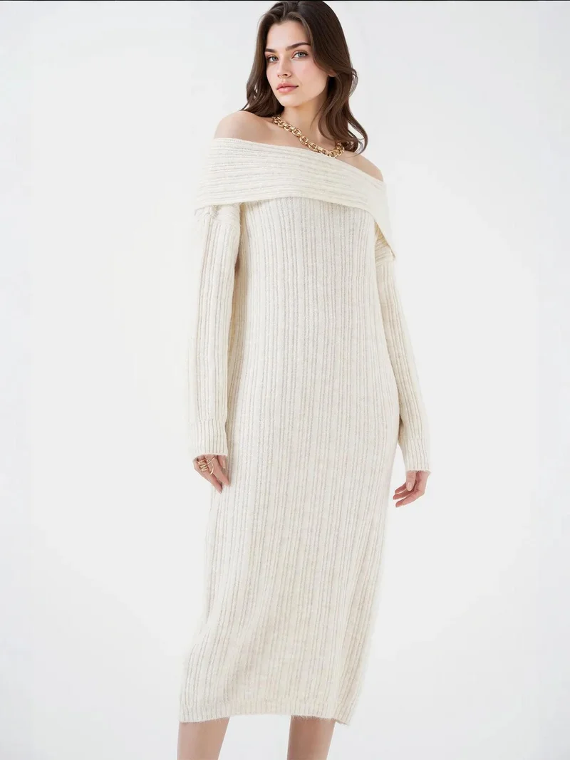 بيغ دارت BDART Oversized Ribbed Knit Midi Dress with Madonna Collar