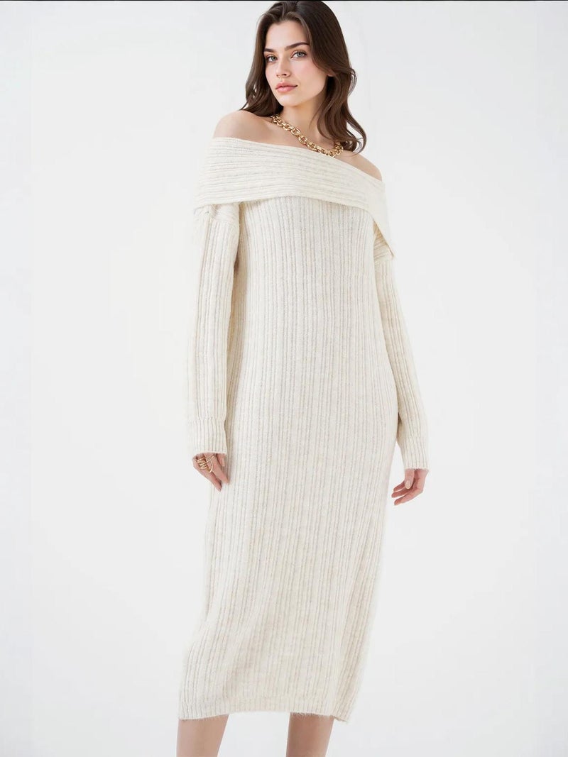 BIG DART BDART Oversized Ribbed Knit Midi Dress with Madonna Collar - Image 1