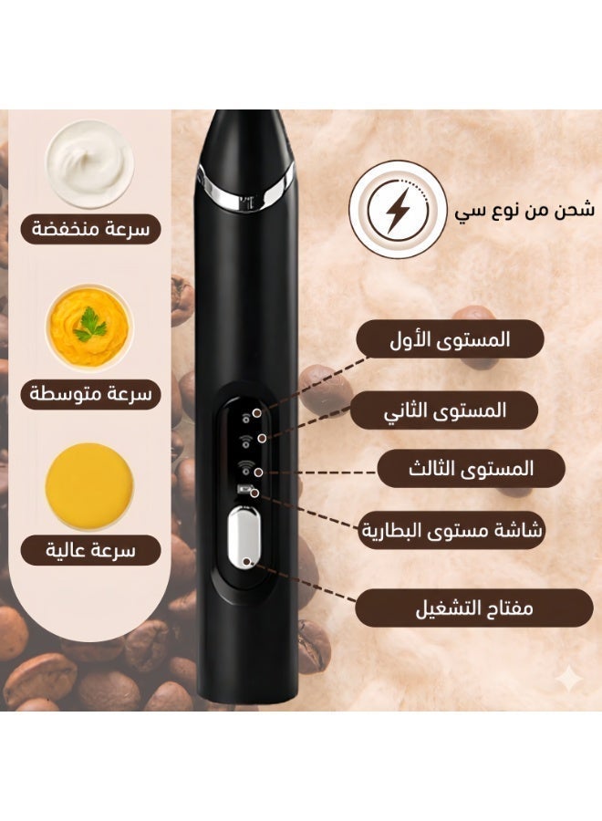 3-in-1 Rechargeable Electric Milk Frother, Handheld Drink Mixer with Stand, 3 Speeds, Type-C Charging, 304 Stainless Steel Whisks for Coffee Latte Matcha Eggs, Black - Image 2