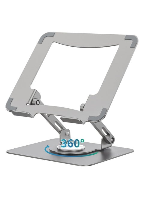Laptop Stand with 360° Rotating Base, Ergonomic Computer Riser for Desk, Adjustable Height Multi-Angle, Foldable Laptop Mount, Stable Metal Holder Support 10-15.6" Notebook PC, Silver Grey