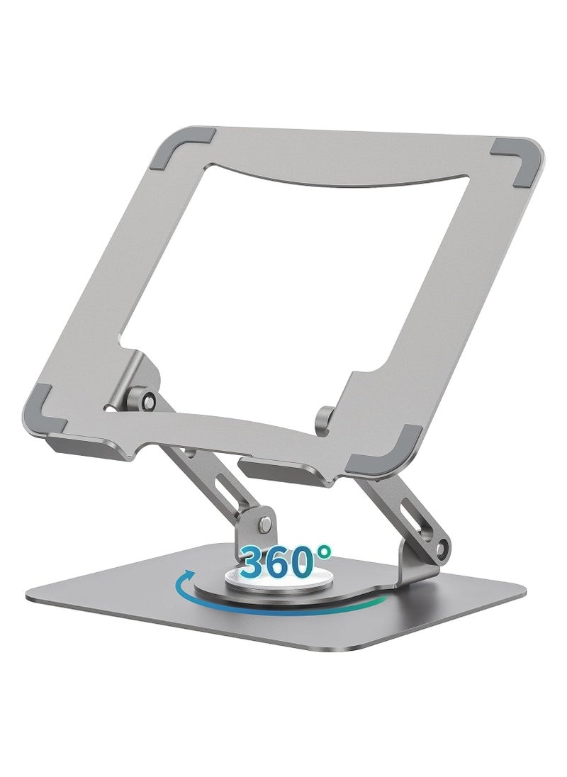 Laptop Stand with 360° Rotating Base, Ergonomic Computer Riser for Desk, Adjustable Height Multi-Angle, Foldable Laptop Mount, Stable Metal Holder Support 10-15.6" Notebook PC, Silver Grey