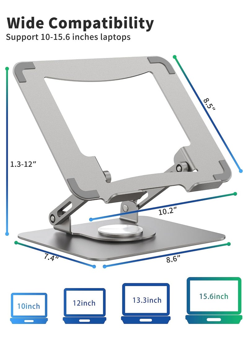 Laptop Stand with 360° Rotating Base, Ergonomic Computer Riser for Desk, Adjustable Height Multi-Angle, Foldable Laptop Mount, Stable Metal Holder Support 10-15.6" Notebook PC, Silver Grey