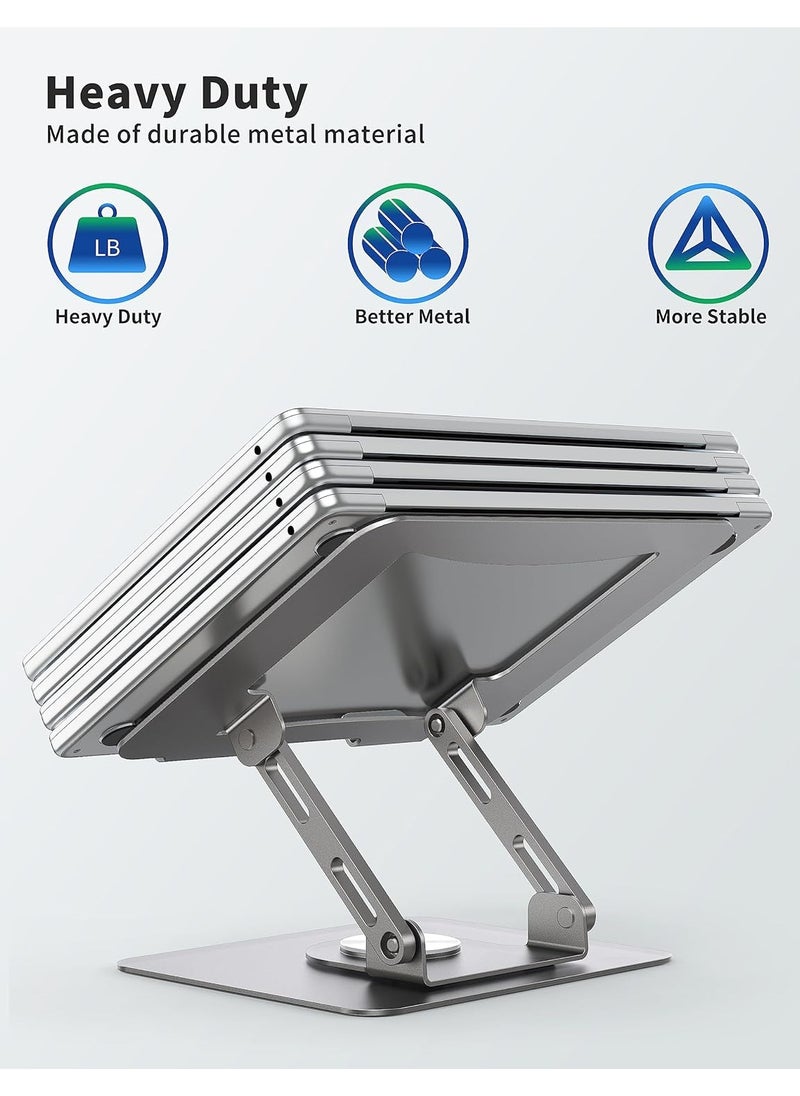 Laptop Stand with 360° Rotating Base, Ergonomic Computer Riser for Desk, Adjustable Height Multi-Angle, Foldable Laptop Mount, Stable Metal Holder Support 10-15.6" Notebook PC, Silver Grey