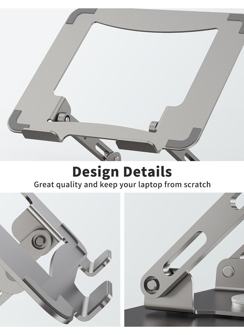 Laptop Stand with 360° Rotating Base, Ergonomic Computer Riser for Desk, Adjustable Height Multi-Angle, Foldable Laptop Mount, Stable Metal Holder Support 10-15.6" Notebook PC, Silver Grey