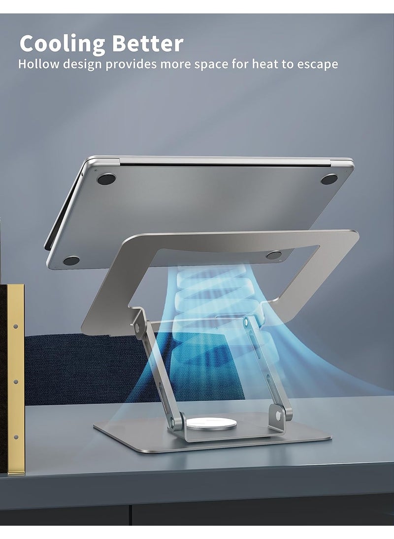 Laptop Stand with 360° Rotating Base, Ergonomic Computer Riser for Desk, Adjustable Height Multi-Angle, Foldable Laptop Mount, Stable Metal Holder Support 10-15.6" Notebook PC, Silver Grey