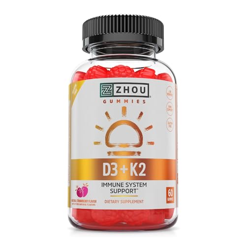 Zhou D3K2 Vitamin D3 K2 Supplement for Women Men Immune Support Vit D3 and K2 Gummy Gelatin Free Formula with 5000 IU of D3 and MK7 60 Veggie Gummies Pack of 1