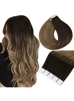 Full Shine Tape In Hair Extensions Human Hair 16 Inch Tape In Extensions Color 2/6/18 Color Darkest Brown Fading To Chestnut Brown And Ash Blonde Glue In Extensions Hair 20 Pcs 50 Grams Straight  - Image 1