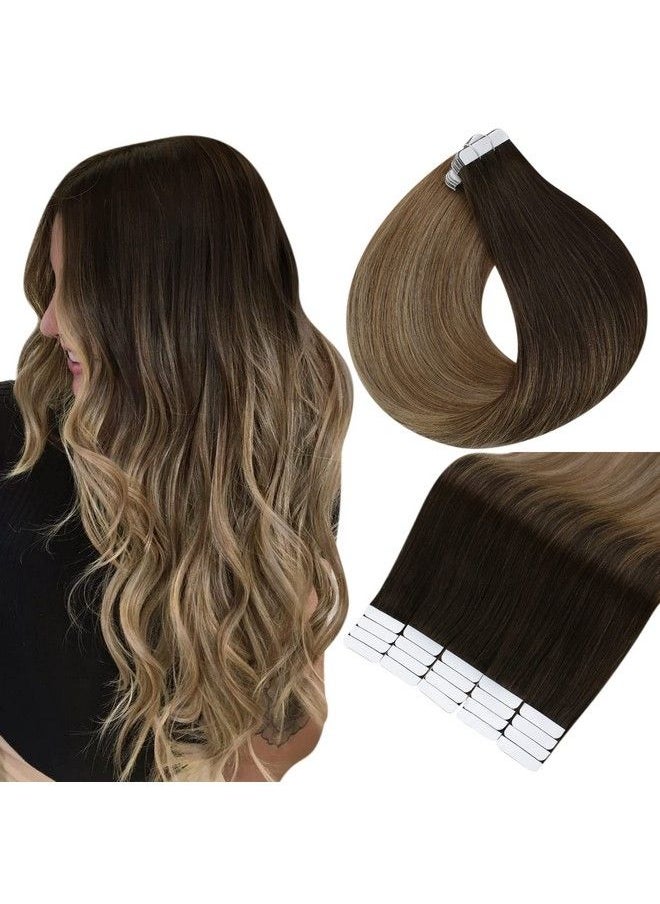 Full Shine Tape In Hair Extensions Human Hair 16 Inch Tape In Extensions Color 2/6/18 Color Darkest Brown Fading To Chestnut Brown And Ash Blonde Glue In Extensions Hair 20 Pcs 50 Grams Straight  - Image 1