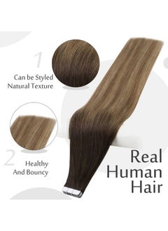 Full Shine Tape In Hair Extensions Human Hair 16 Inch Tape In Extensions Color 2/6/18 Color Darkest Brown Fading To Chestnut Brown And Ash Blonde Glue In Extensions Hair 20 Pcs 50 Grams Straight  - Image 3