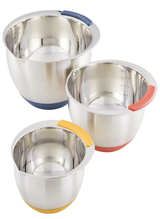 Ayesha Curry Kitchenware Pantryware Stainless Steel Nesting Mixing Bowls, 3-Piece Set, Silver with Color Accent Handles - Image 1