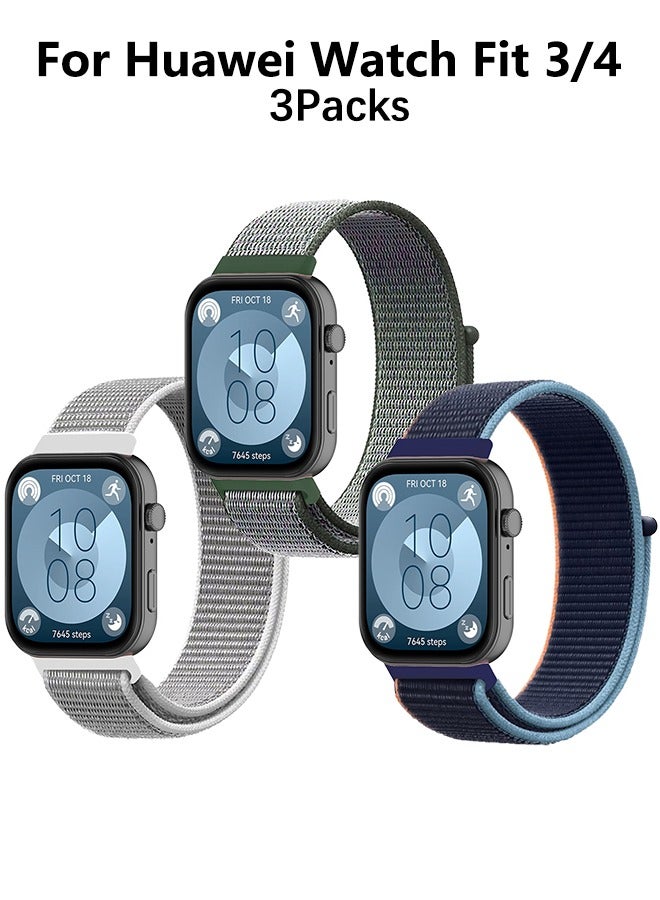 3 Packs Suitable for Huawei Watch Fit 3/4 Velcro Nylon Loop Strap, Nylon Watchband Replacement Bracelet for Huawei Watch Fit 3/4 (Navy, Dark Olives, Sea Shell Color ﻿）  - Image 1