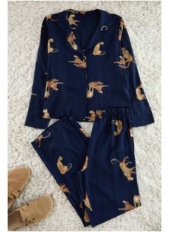 trendyol Navy Blue Tiger Patterned Viscose Woven Pajama Set THMAW25PT00036 