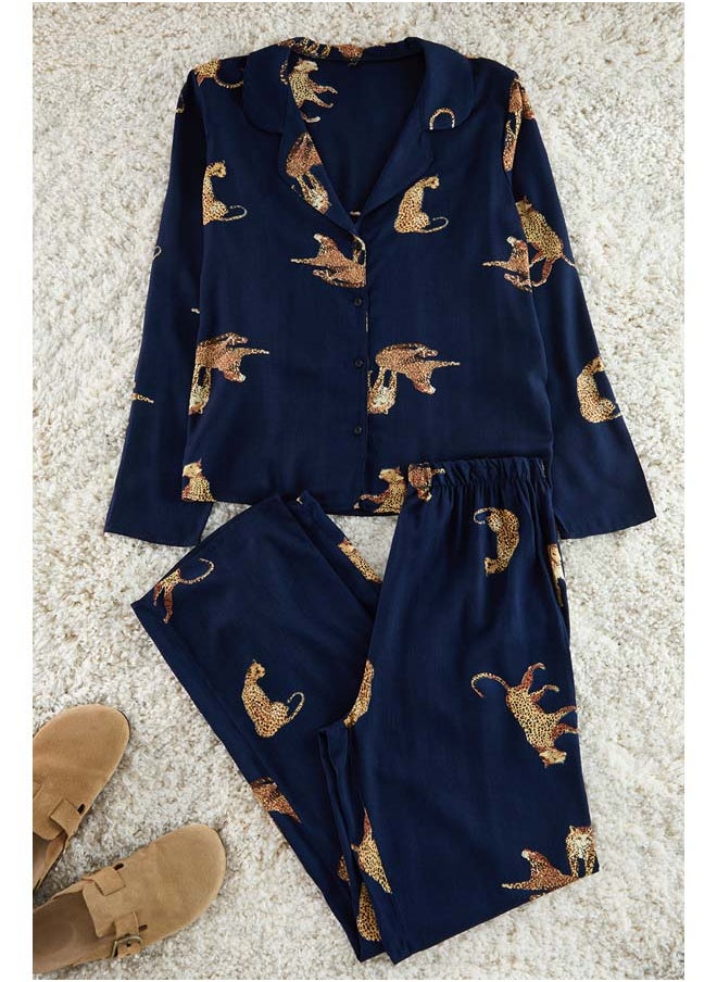 trendyol - Navy Blue Tiger Patterned Viscose Woven Pajama Set THMAW25PT00036 - Image 1