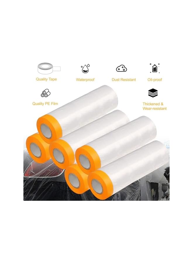 PROMASS promass Pre-Taped Masking Film, 6 Rolls 180cmx12m Protective Masking Film with Tape, Recyclable Hard Film Dustproof Carpet Floor Protector, Paint Tape, Painters Plastic Tape for Appliance Furniture  - Image 2