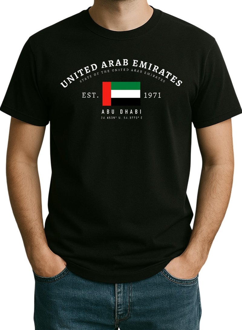 UAE Abu Dhabi Coordinates T-Shirt – Vintage Flag & EST. 1971 Design  United Arab Emirates Tee - Image 1